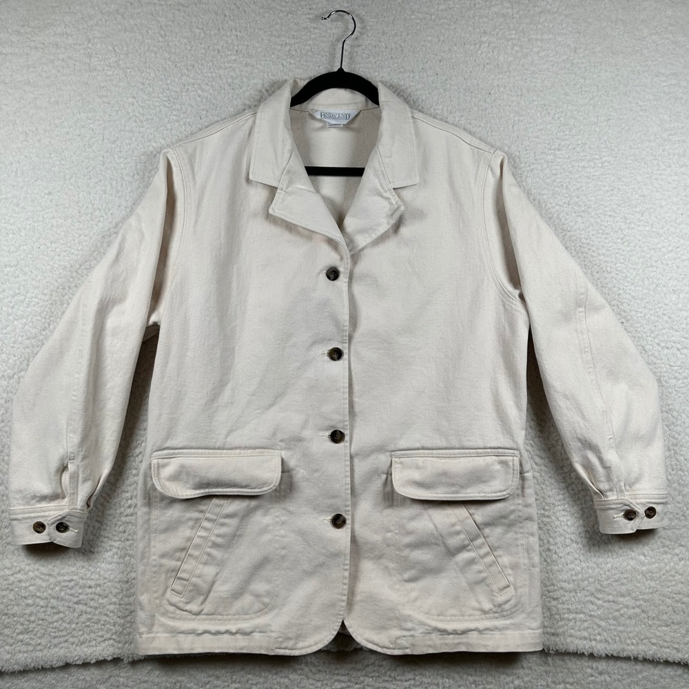 Vtg Lands End Chore Coat Womens Canvas Utility Barn Jacket L Cream Workwear USA
